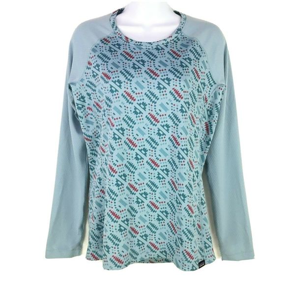 Patagonia Womens Size M Capilene Midweight Crew Top Blue Red Print Baselayer - Picture 1 of 11